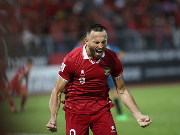 Penyerang timnas Indonesia, Ilija Spasojevic merayakan gol ke gawang Brunei Darussalam