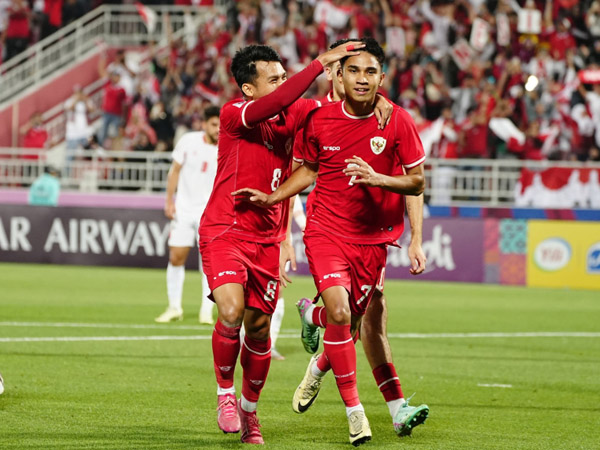 Gelandang timnas Indonesia U-23, Marselino Ferdinan merayakan gol ke gawang Yordania U-23
