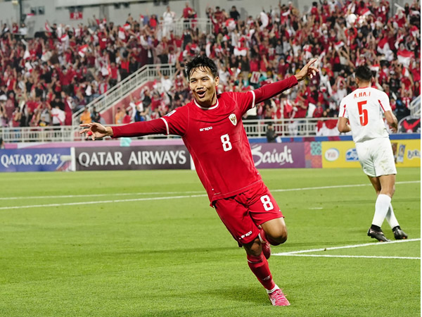 Penyerang timnas Indonesia U-23, Witan Sulaeman merayakan gol ke gawang Yordania U-23