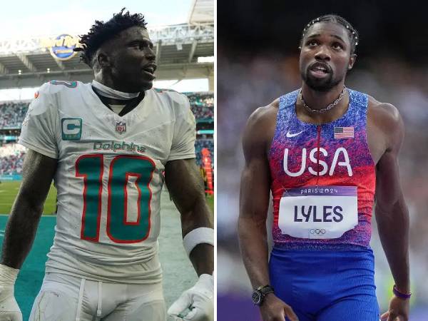 Noah Lyles (kanan) dan Tyreek Hill. (Foto: AP)