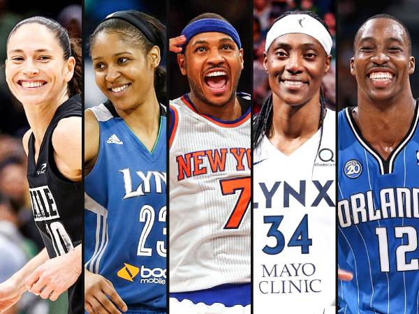 Deretan anggota Hall of Fame Angkatan 2025: Sue Bird, Maya Moore, Carmelo Anthony, Sylvia Fowles dan Dwight Howard. (Foto: AP)