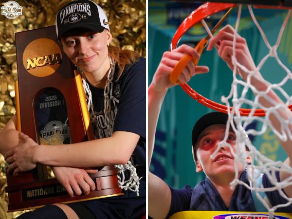 Paige Bueckers dan para pemain UConn bersama seluruh staf pelatih berpose setelah merengkuh gelar nasional ke-12. (Foto: AP)