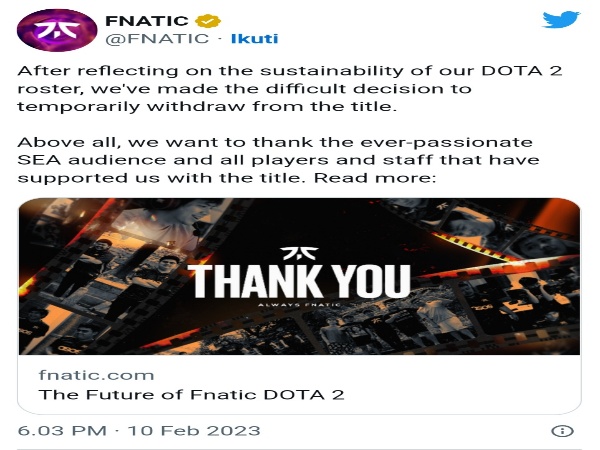 Fnatic 'temporarily withdraws' from Dota 2